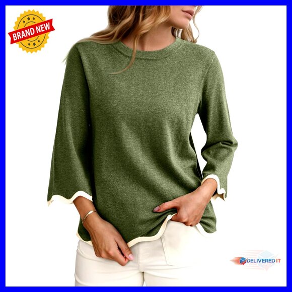 Wool Blend Sweater Relaxed Fit 3/4 Sleeve Scalloped Trim Versatile Layering Top